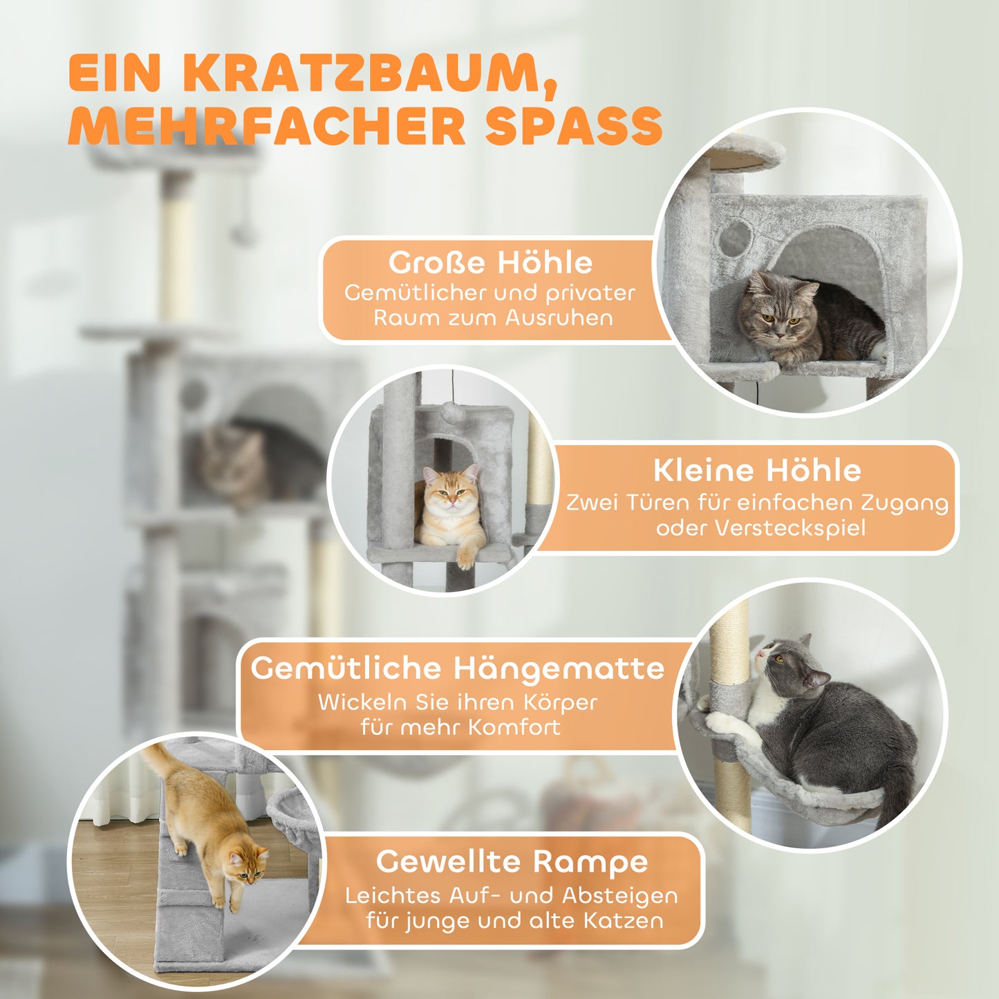 PawHut 160 cm Katzenkratzbaum, mehrere Ebenen, Sisal-Kratzpfosten, Höhlen, Plüsch-Plattformen, Hängematte, Leiter, Spielbälle