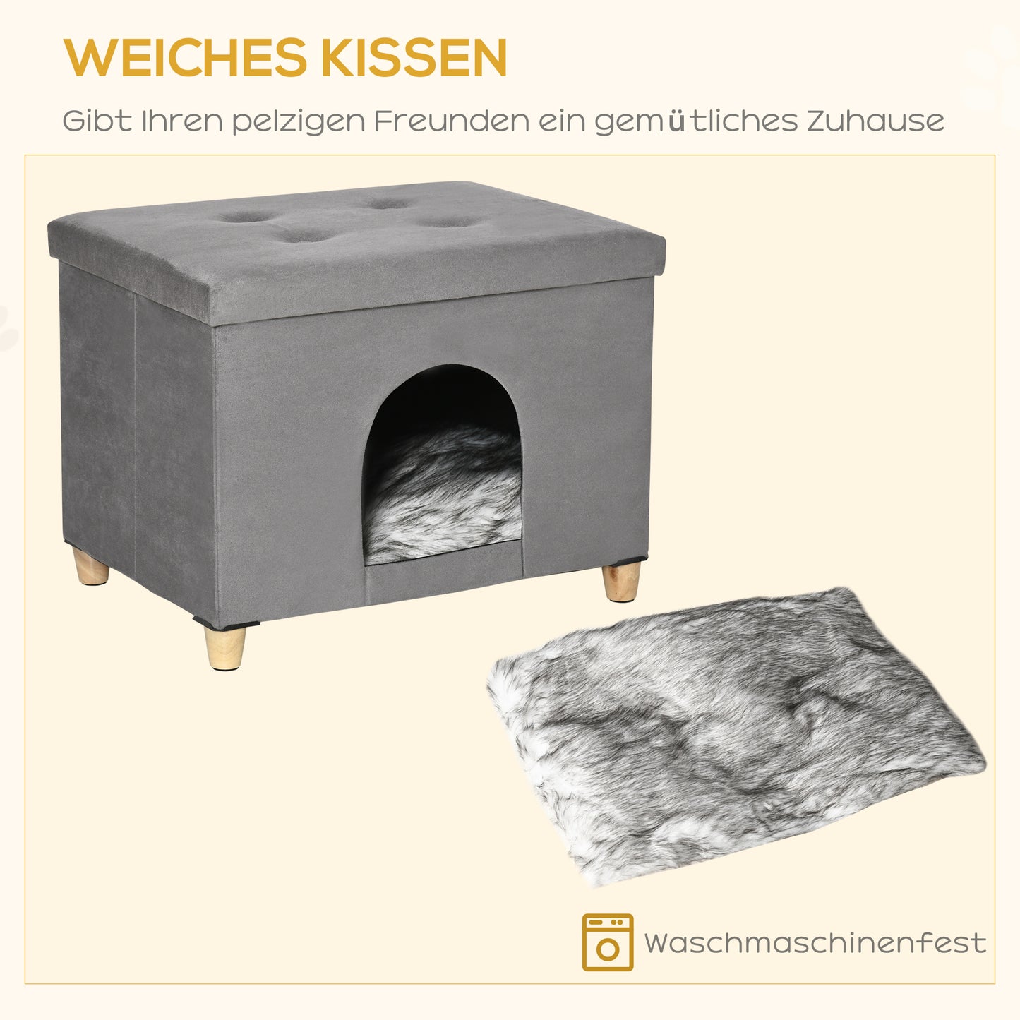 PawHut 2-IN-1 Katzenhöhle Fußhocker mit Kissen Holzbeine Katzenhaus Katzenkorb weich gepolstert Ottomane elegantes Design abnehmbar MDF Plüsch Grau 60 x 45 x 44,5 cm