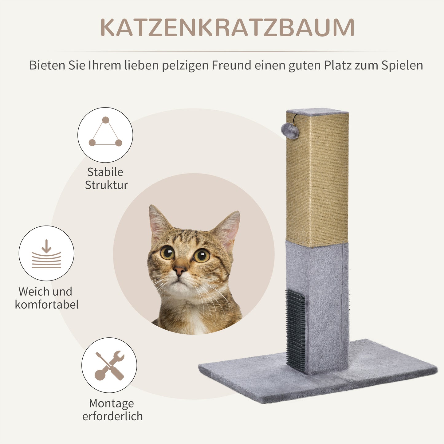 PawHut Kratzbaum für Katzen, Kratzsäule, 79 cm Katzenbaum mit Juteseil, inklusive Spielzeug, Plüsch, Grau
