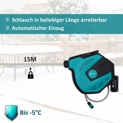 DURHAND Wandschlauchbox Schlauchtrommel 180° schwenkbar mit Multibrause Frostschutz -5–45 °C Kunststoff Grün + Schwarz 15 m