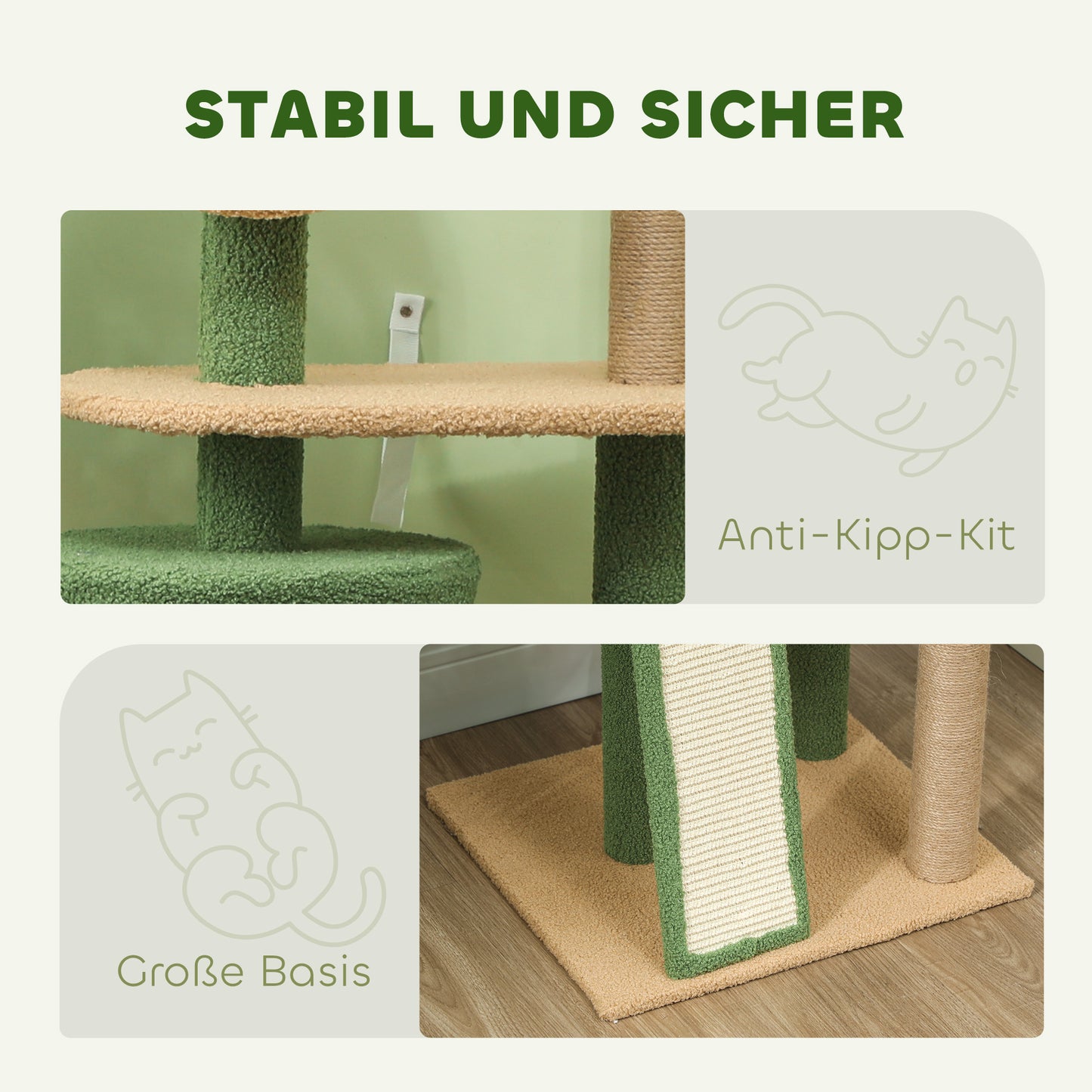 PawHut Kratzbaum, 139 cm Katzenbaum mit Höhle, Spielbällen, Sisal-Kratzpfosten och Plattformen, für zwei Katzen, Grün