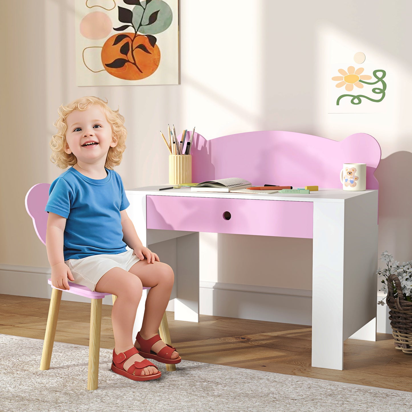 AIYAPLAY Schreibtisch-Set für Kinder, Arbeitstisch und Stuhl mit Bärenform, Schublade, zum Schreiben und Basteln, 3-8 Jahre, Rosa