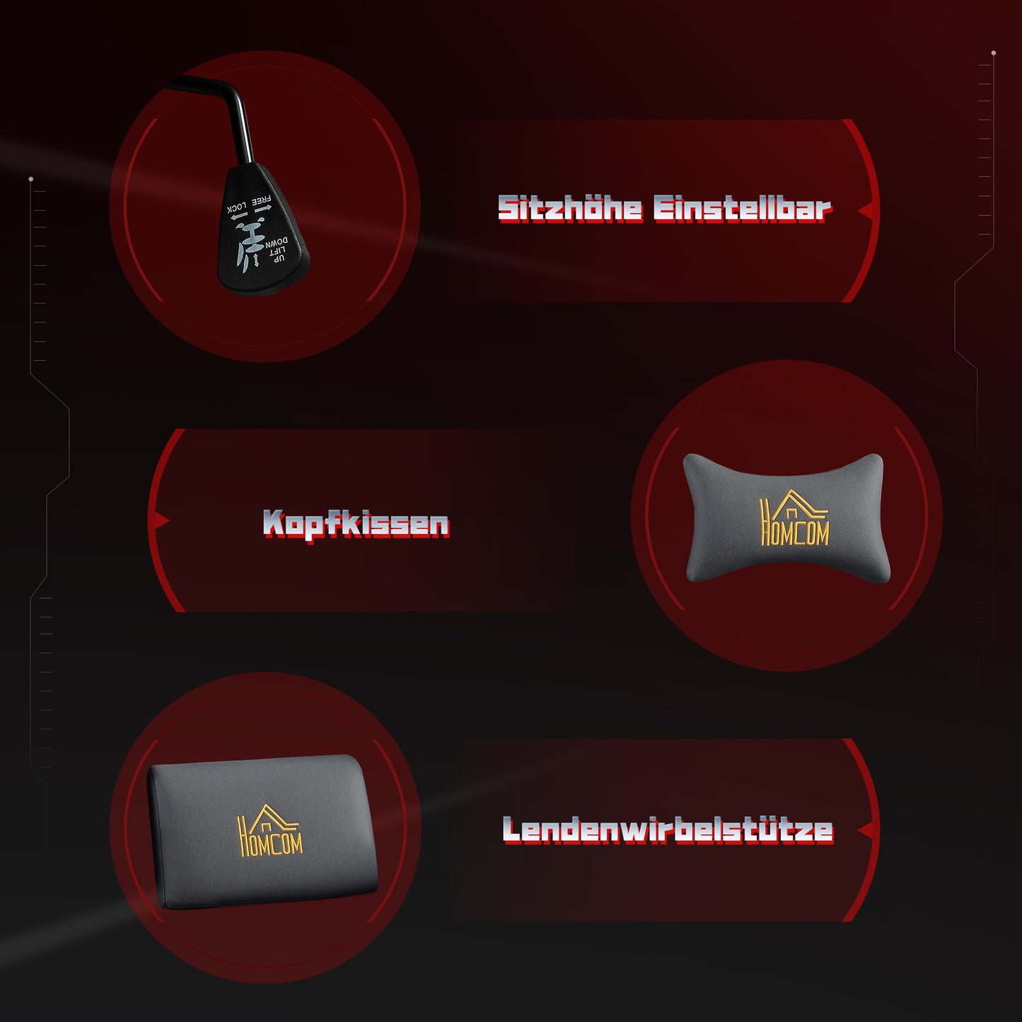 HOMCOM Ergonomischer Gaming-Stuhl mit 3D-Armlehnen, verstellbar, rollbarer Schreibtischstuhl mit Lendenstütze, Grau