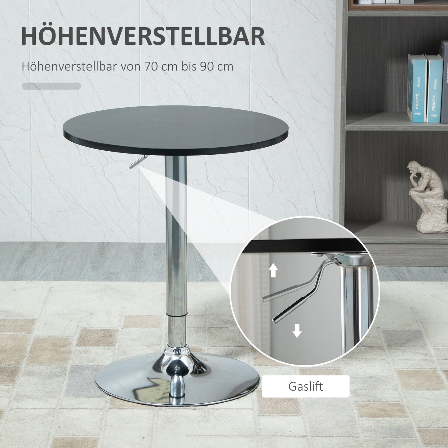 HOMCOM Bartisch modern rund Esstisch 360° Drehtisch höhenverstellbarer Bistrotisch Stehtisch Küchentisch Stahl Schwarz Ø61 x 70-90 cm
