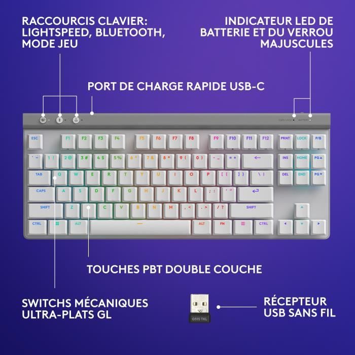Logitech G515 LIGHTSPEED Wireless Keyboard without Numeric Keypad (Brown Switch) - White