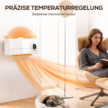 HOMCOM Heizlüfter zur Wandmontage 2000W Keramik-Wandheizung mit Ventilator, Fernbedienung, 2 Heizmodi, LED-Display