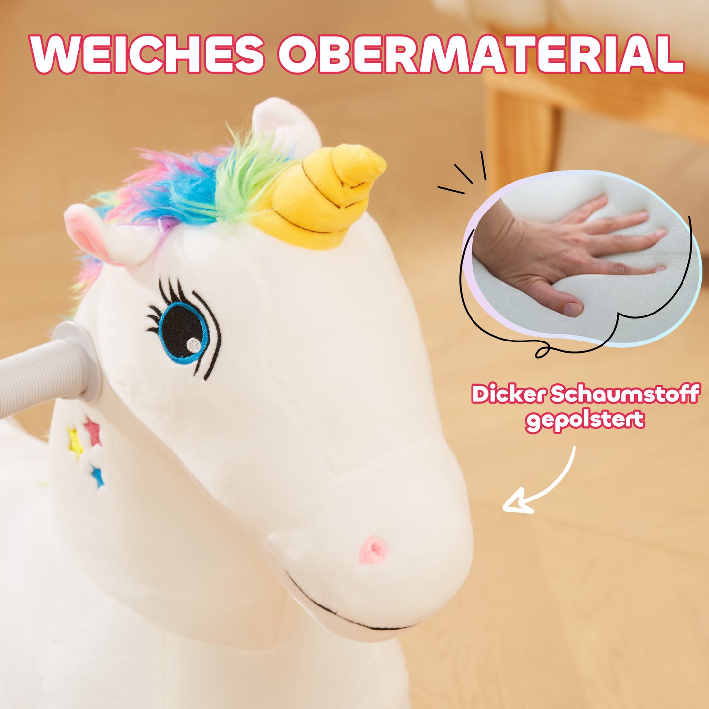 AIYAPLAY 6V Elektrisches Reiteinhorn für Kinder, Batteriebetrieb, Mit Musikfunktion und Vorwärtsbewegung, 18-36 Monate, Weiß