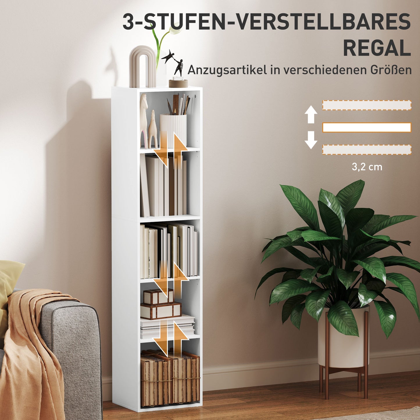 HOMCOM Bücherregal, 5 Fächer, verstellbare Regale, Holz, 30 x 24 x 133,5 cm, Weiß