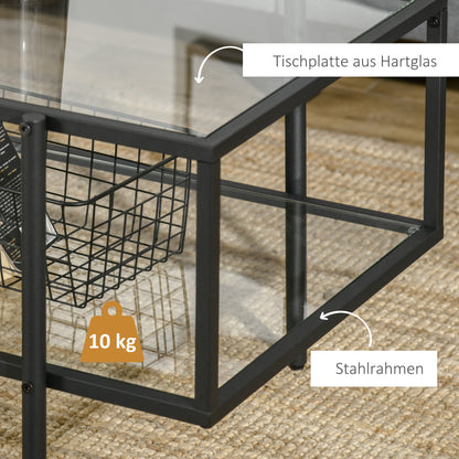 HOMCOM Couchtisch mit Ablage, verstellbare Füße, Stahlrahmen, Glasplatte, 100 x 55 x 45,5 cm, Weiß