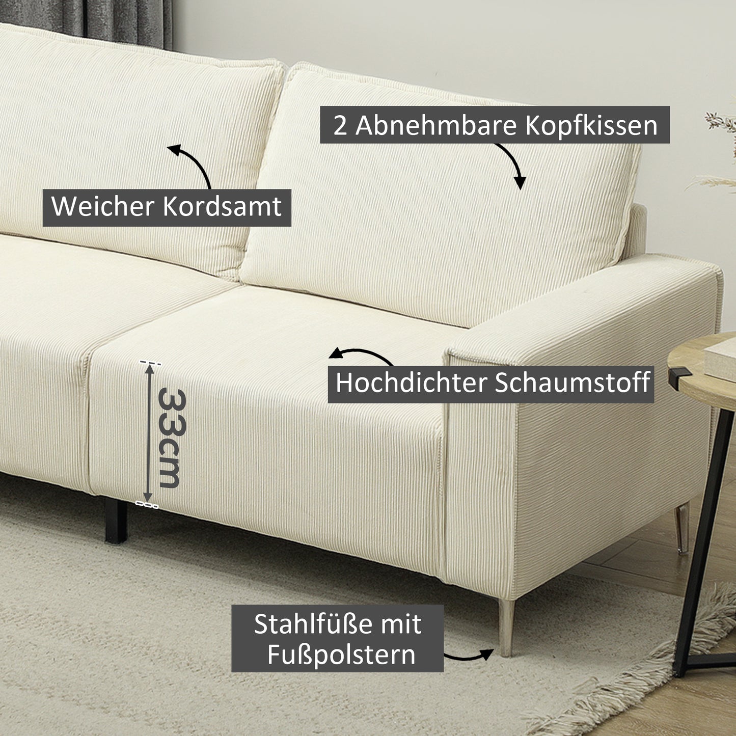 HOMCOM Modernes 3-Sitzer-Sofa, Weiche Couch mit Rückenkissen, Polstersofa für Wohnzimmer, Schlafzimmer, Homeoffice, Cremeweiß