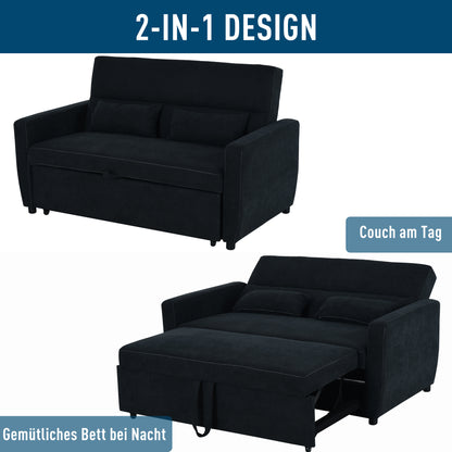 HOMCOM 2-Sitzer Sofa mit Bettfunktion, Verstellbarer Rückenlehne, Polstersofa, Samtoptik, für Wohnzimmer, Schlafzimmer, Schwarz