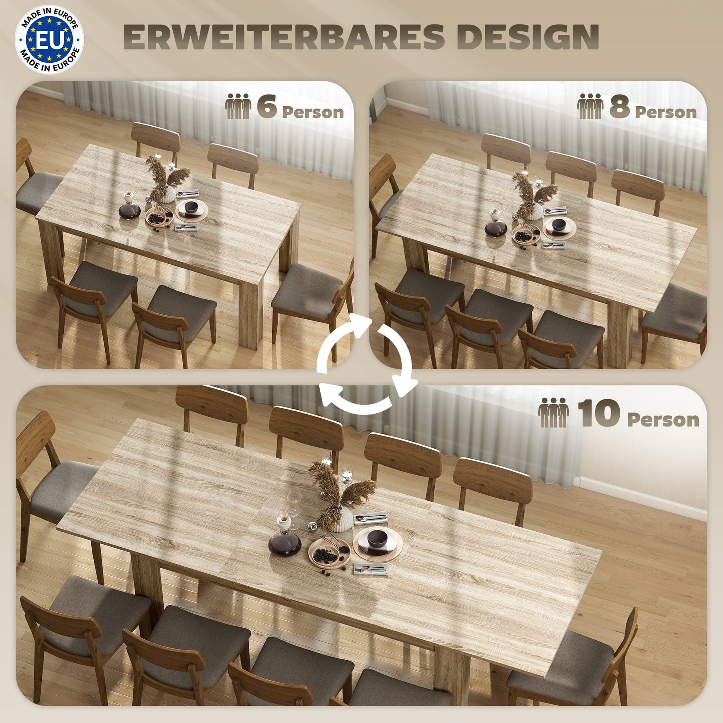 HOMCOM Ausziehbarer Esstisch, von 180 auf 260 cm erweiterbar, für 6-10 Personen, Holz