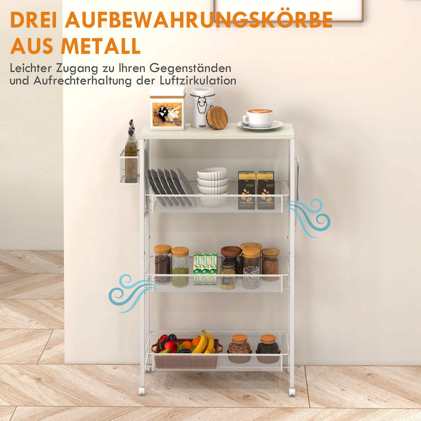 HOMCOM Nischenwagen Mehrzweckwagen Küchenwagen, 3 Regale, Haken, 58 cm x 18,5 cm x 87 cm, Weiß