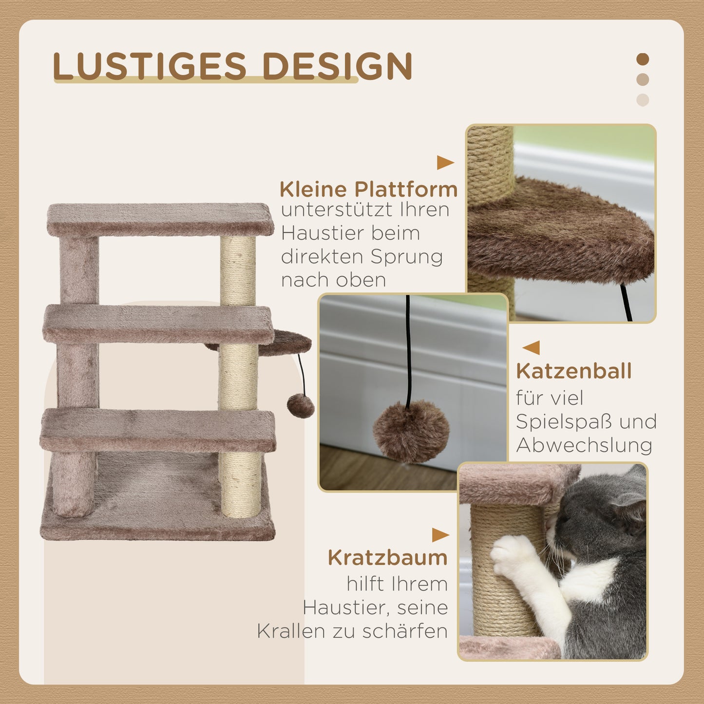 PawHut Kratzbaum, Haustiertreppe, 3 Stufen, Spielball, bis 5 kg, 45x40x48cm, Braun