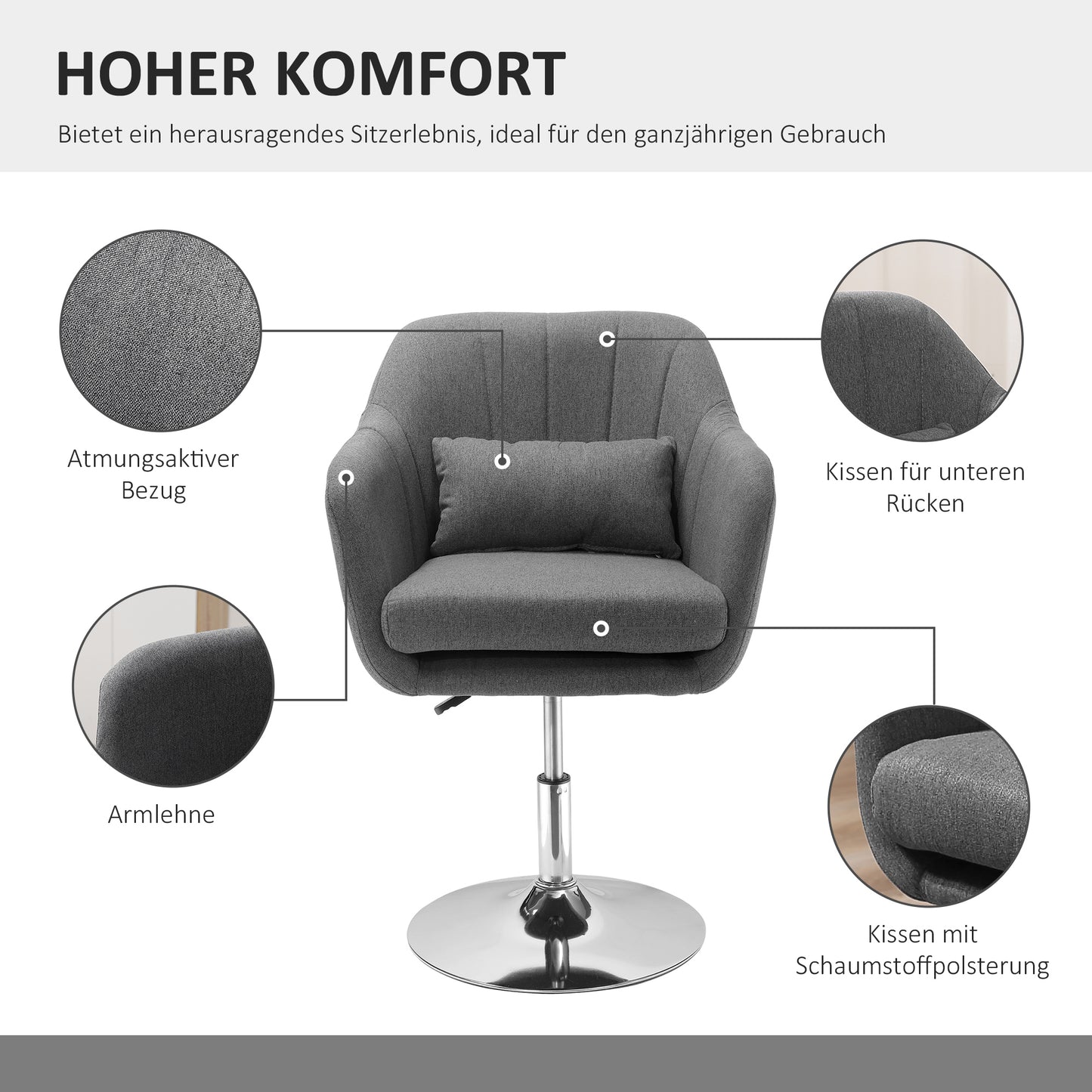 HOMCOM Drehstuhl, höhenverstellbarer Bürostuhl, leinenartiges Polyester, Metall, 60 x 60 x 79-91 cm, Dunkelgrau