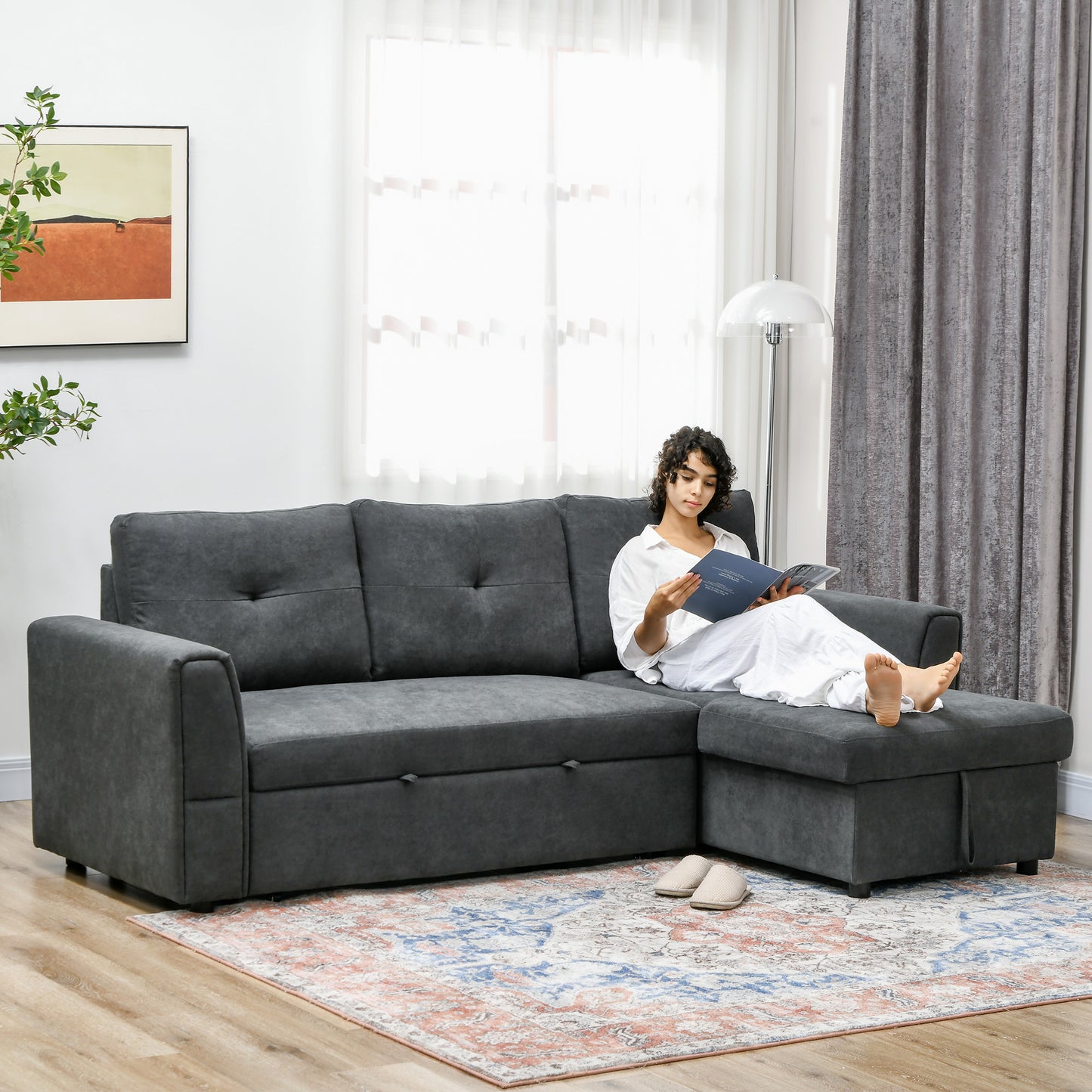 HOMCOM 3-Sitzer-Sofa mit Bettfunktion, Schlafsofa mit Chaiselongue, Polstersofa, Dunkelgrau