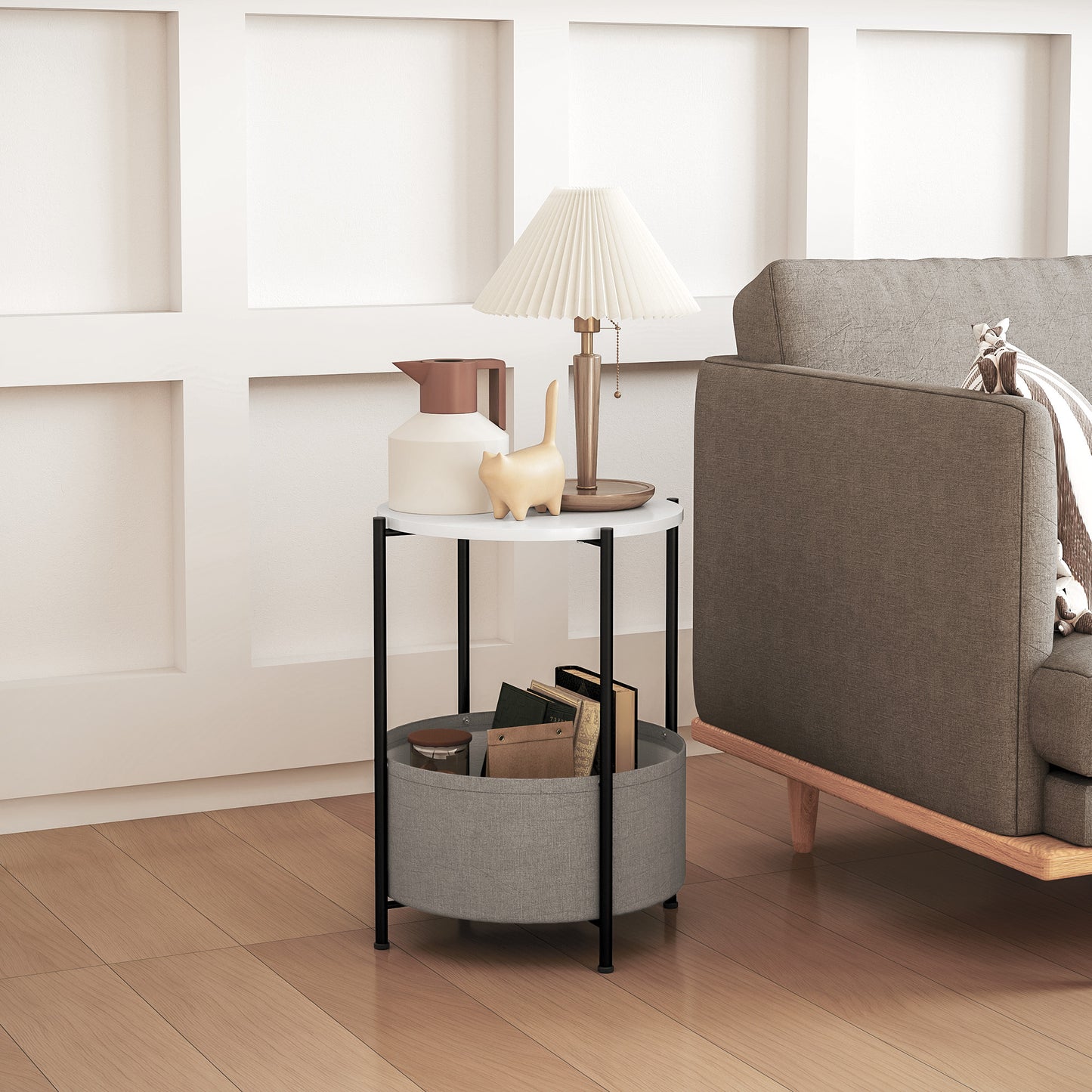 HOMCOM Runder Beistelltisch mit Stoffkorb, 2-stufiger Kaffeetisch für Wohnzimmer, Schlafzimmer, kleine Räume, Metall, Grau+Weiß