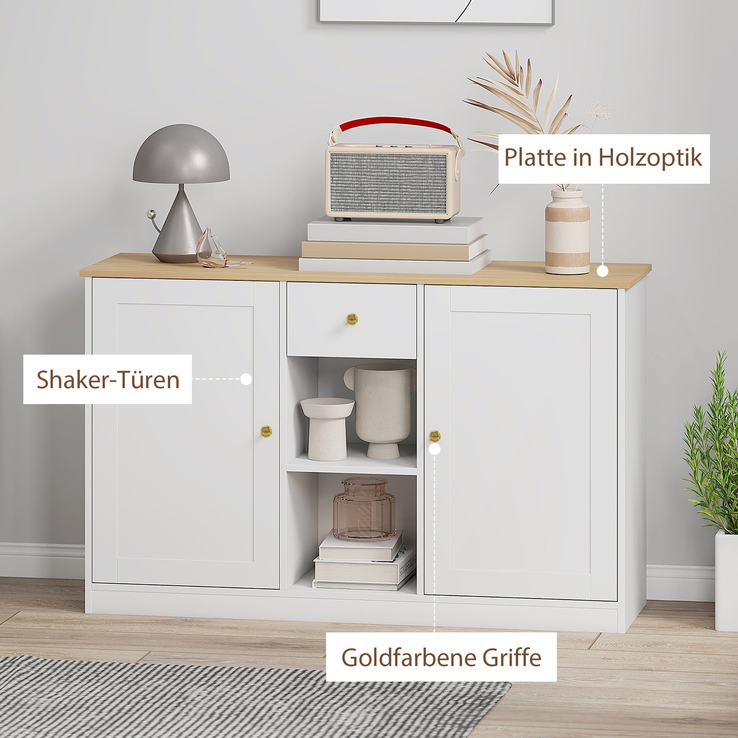 HOMCOM Küchenkommode, Sideboard mit Schublade, Schränken, Regalen, Spanplatte, Weiß