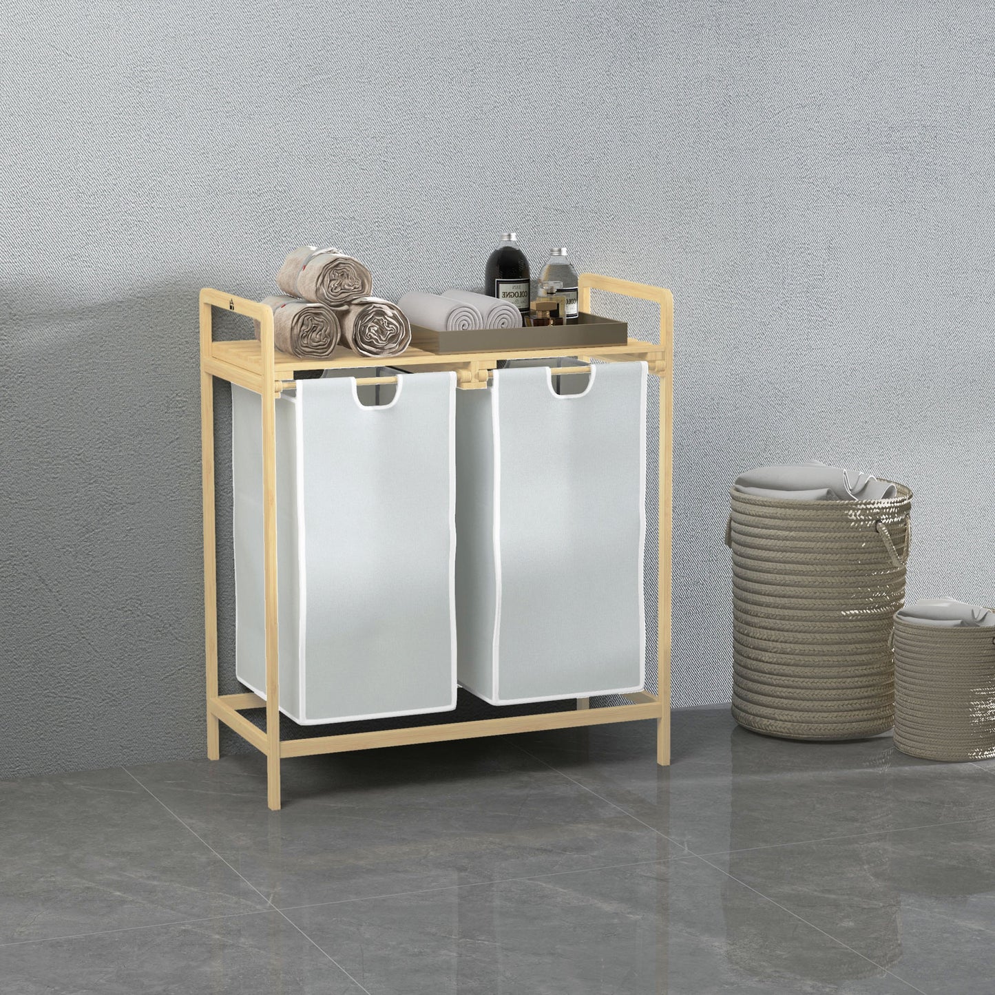 HOMCOM Wäschekorb mit 2 Waschsäcken, 1 Ablage, Bambus, 63,5 cm x 33 cm x 73 cm, Hellgrau + Natur