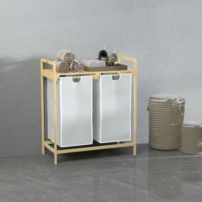 HOMCOM Wäschekorb mit 2 Waschsäcken, 1 Ablage, Bambus, 63,5 cm x 33 cm x 73 cm, Hellgrau + Natur