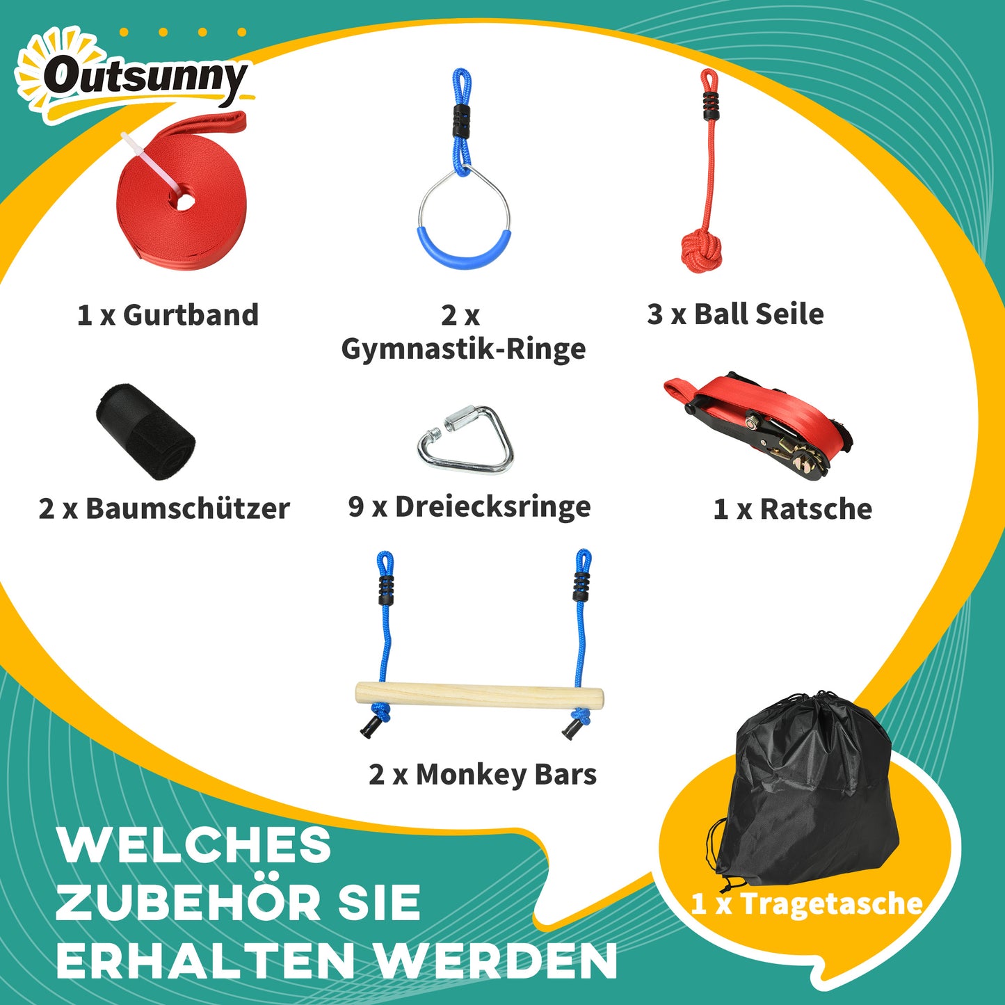 Outsunny Ninja Kletterset, Slackline, 30-teilig, 10 m Seil, für Kinder 3-6 Jahren