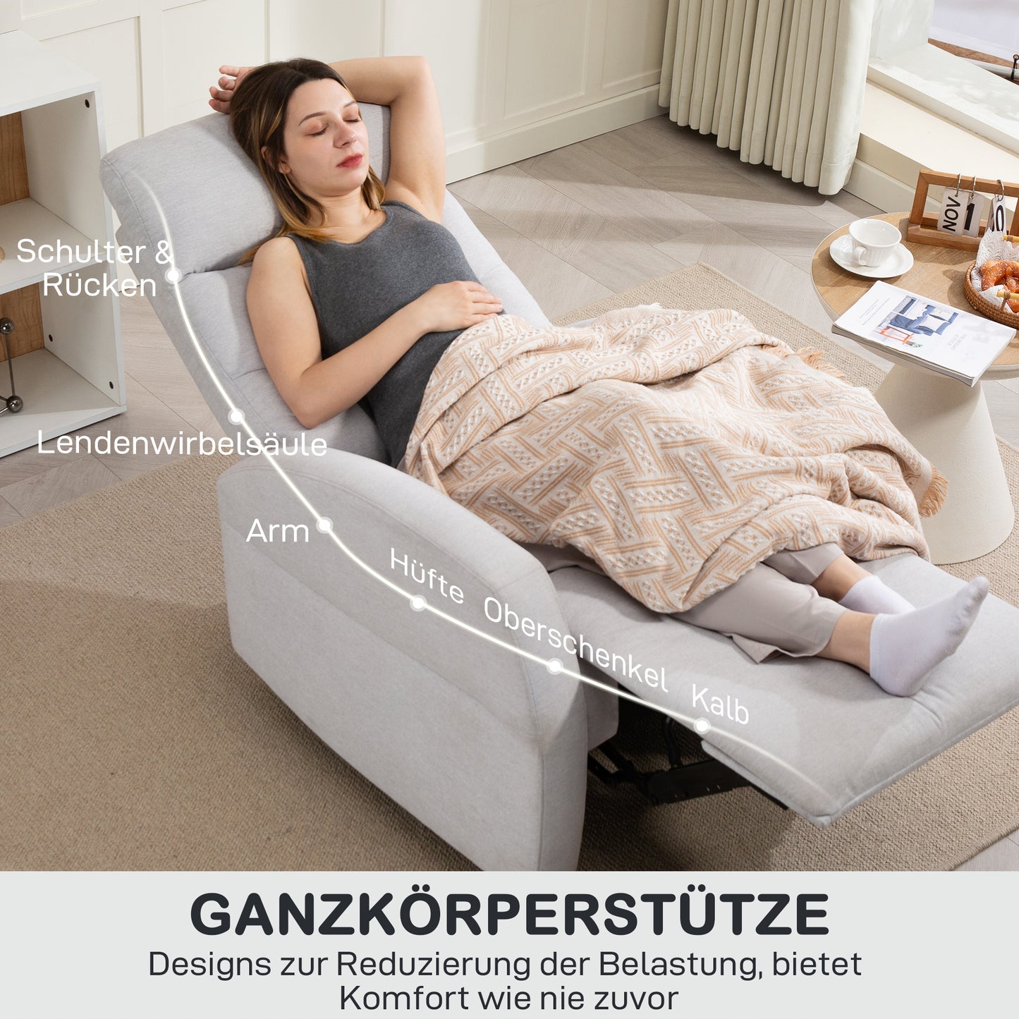 HOMCOM Verstellbarer Relaxsessel mit Fußstütze, Moderner Polstersessel, Hellgrau