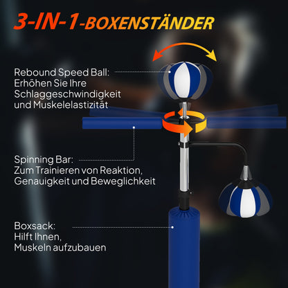 SPORTNOW Boxstand, zwei Speedballs, drehbare Boxstange, Kickpolster, höhenverstellbar, Stahl, 107 x 36 x 140-205 cm, Blau