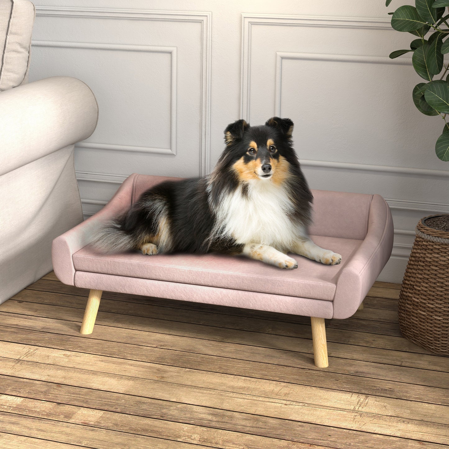PawHut Haustiersoffa Hundesofa, Skandidesign, abnehmbares Polster, Samtoptik, 102 cm x 58,5 cm x 42,5 cm, Rosa + Natur