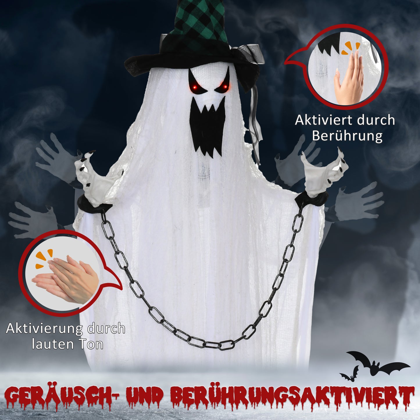 HOMCOM Geister-Dekoration für Halloween, Grusel-Heulen und Bewegung, batteriebetrieben