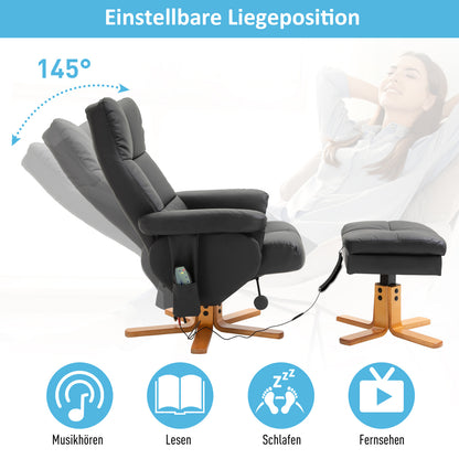 HOMCOM Massagesessel mit Hocker, 145° Neigbarer Relaxsessel mit Massagefunktion Liegefunktion Stauraum, TV-Sessel Fernsehsessel für Wohnzimmer, Kunstleder, 80 x 86 x 99 cm Schwarz