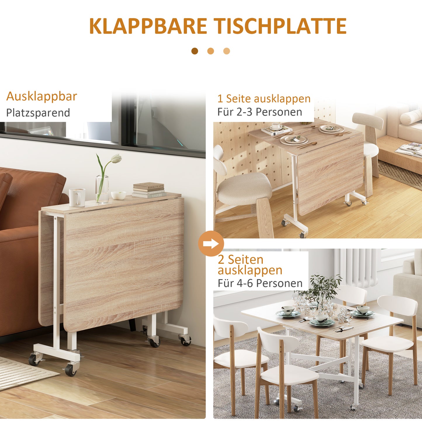 HOMCOM Klapptisch auf Rollen, Laptop-Tisch, Esstisch, inkl. Feststellbremse, Natur + Weiß