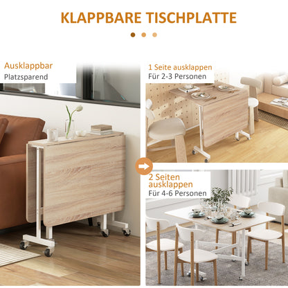 HOMCOM Klapptisch auf Rollen, Laptop-Tisch, Esstisch, inkl. Feststellbremse, Natur + Weiß