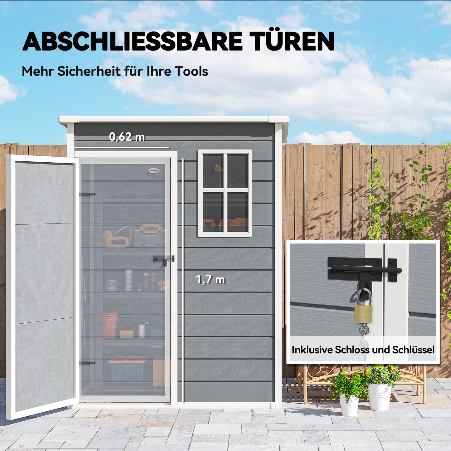 Outsunny Gerätehaus Kunststoff 1,14m² 151 x 92 x 193cm Geräteschuppen mit Pultdach Boden Fenster Grau