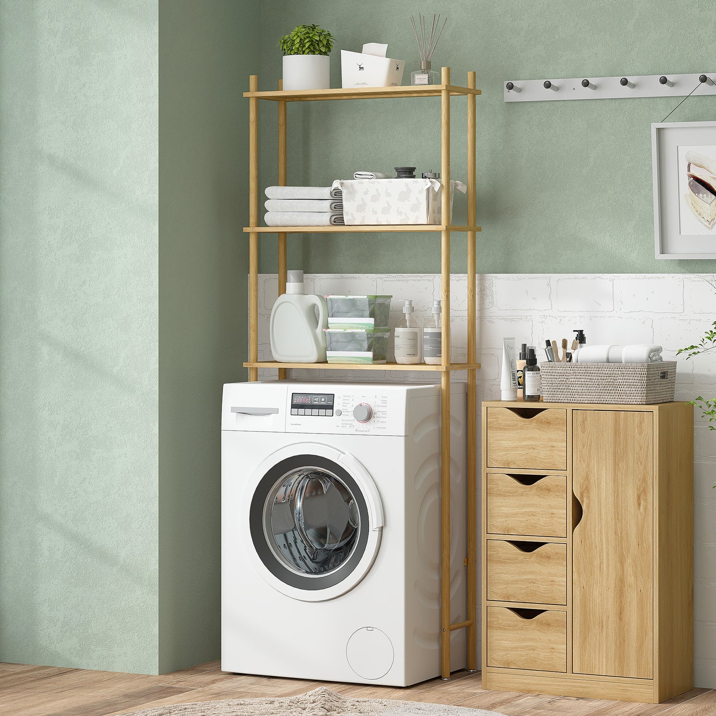 HOMCOM Toilettenregal 3 Ebenen Badezimmerregal, platzsparend Naturholz 69 x 25,5 x 181 cm