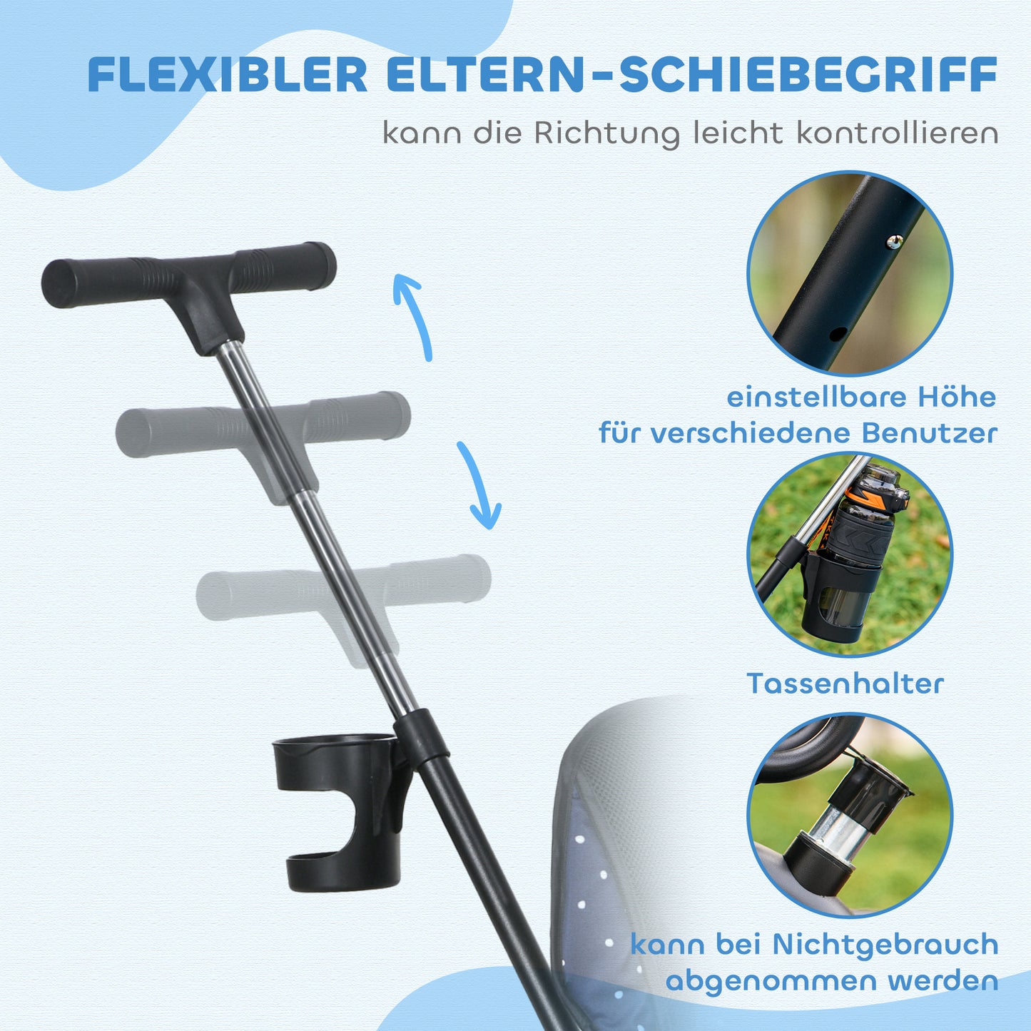 HOMCOM 6-in-1 Kinderdreirad mit Schiebestange, Dach, Gurt, Ablagekorb, für 1-5 Jahre, Dunkelblau