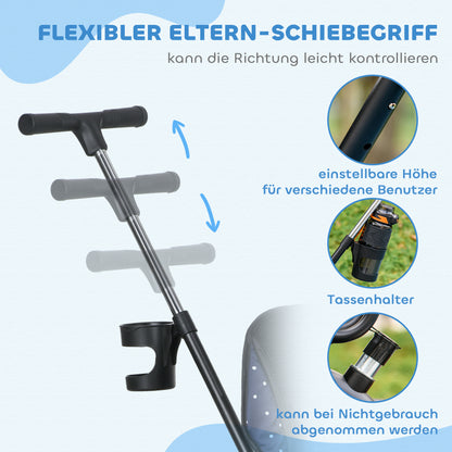 HOMCOM 6-in-1 Kinderdreirad mit Schiebestange, Dach, Gurt, Ablagekorb, für 1-5 Jahre, Dunkelblau