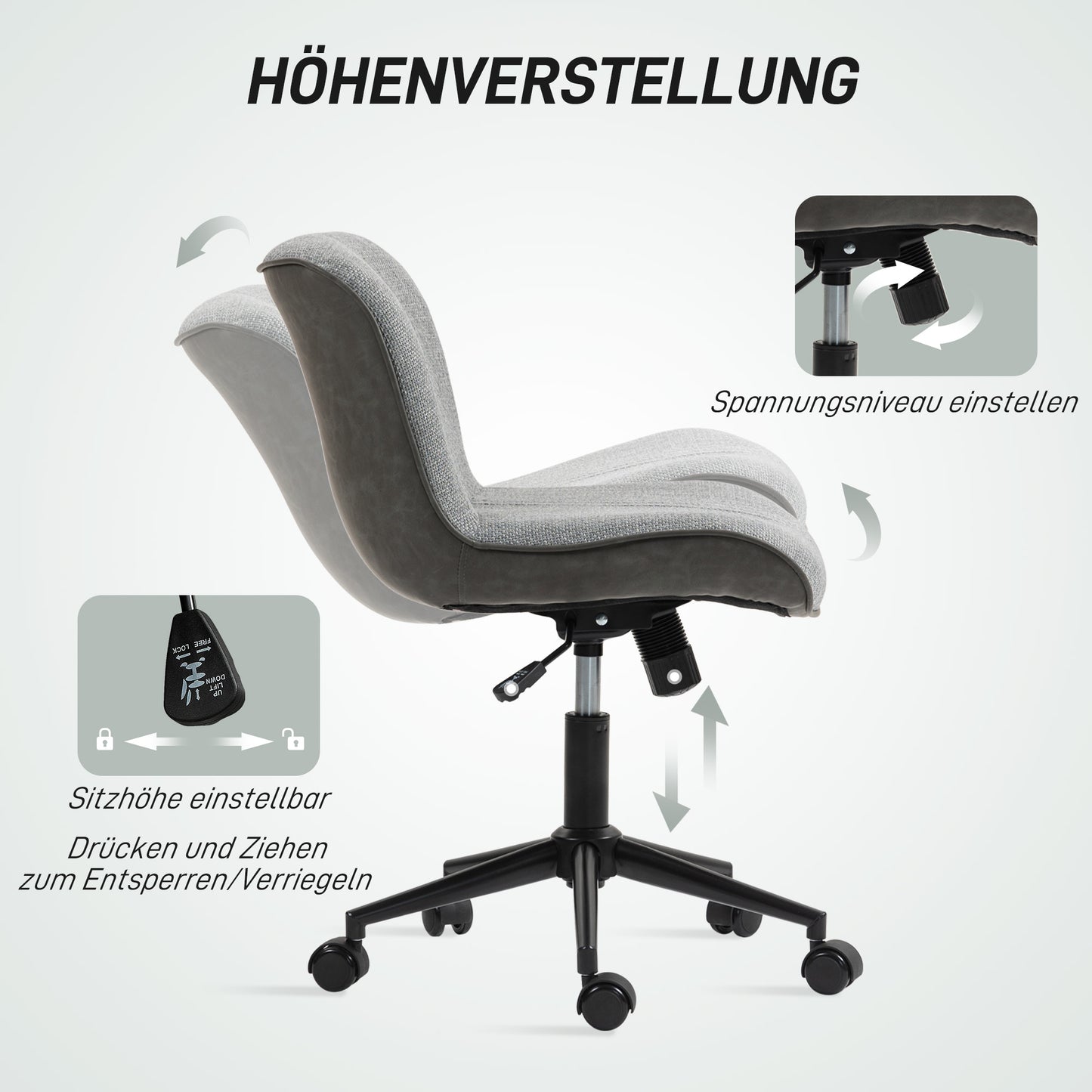 HOMCOM Armloser Bürostuhl, gepolstert, höhenverstellbar, drehbar, rollbar, Grau