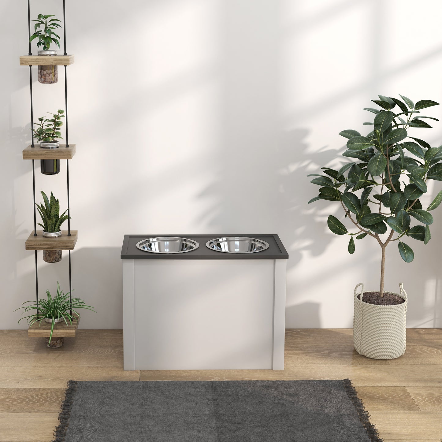 PawHut Futterstation Erhöhte Fressnäpfe 1 Staurum 2 Edelstahl-Futternäpfe, 60 x 30 x 42cm, Weiß + Grau