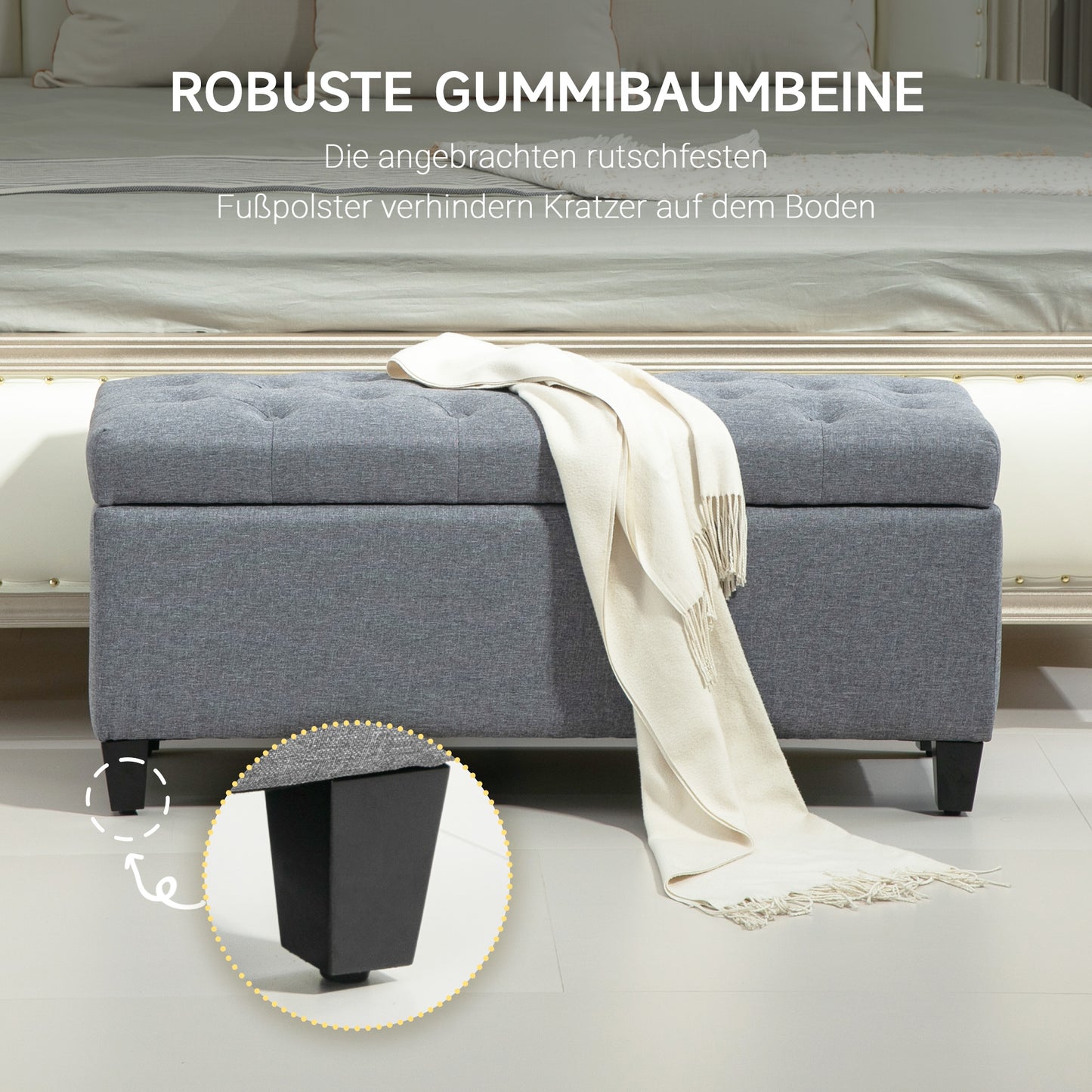 HOMCOM Sitzbank, Polsterbank mit Stauraum, leinenartiges Polyester, Kautschukholz, 100 x 40 x 44 cm, Hellgrau