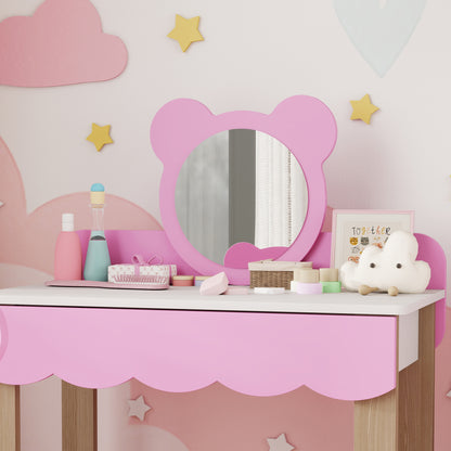 AIYAPLAY Frisiertisch-Set mit Hocker für Kinder, Schminkspiegel, Bärchenform, Schublade, MDF, Rosa