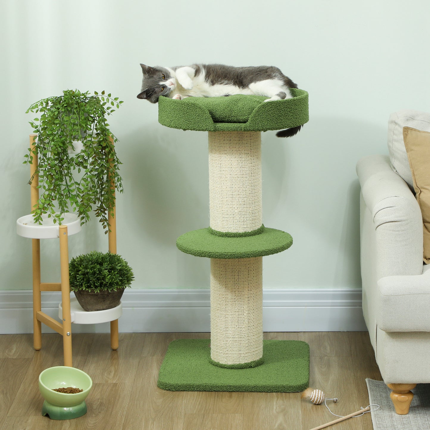 PawHut Katzenbaum 91cm Spielbaum mit Katzenbett, Plattform Lammwolle Grün