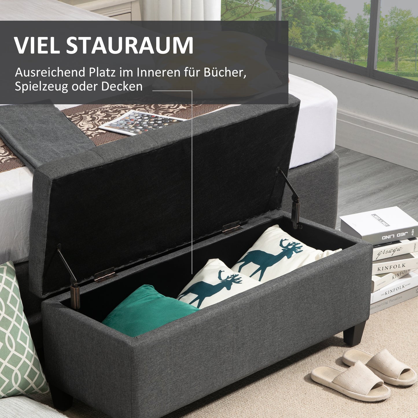 HOMCOM Sitzbank mit Stauraum Polsterbank mit Leinenoptik, Sitztruhe mit Holzbeine, Truhenbank für Wohnzimmer Schlafzimmer Flur 100 x 40 x 44 cm Dunkelgrau