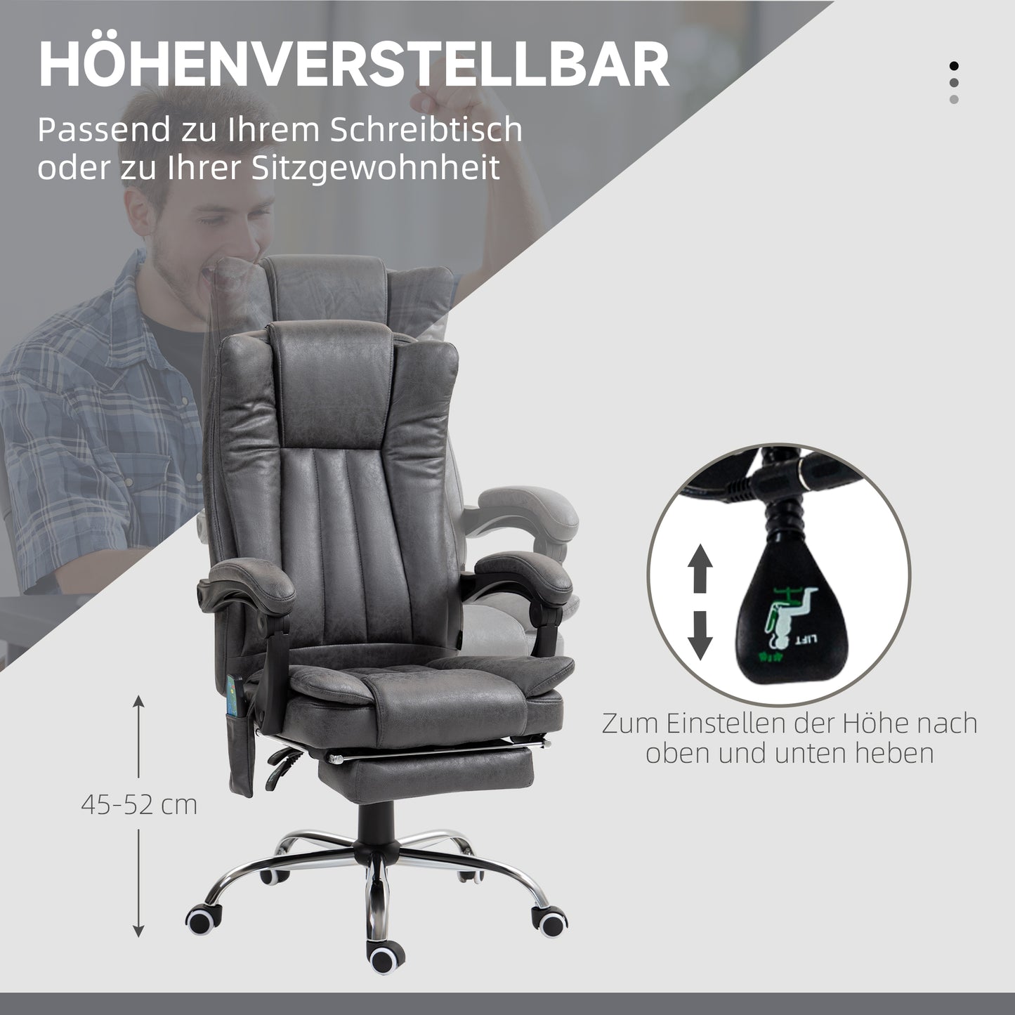 Vinsetto Chefsessel mit Massage- und Wärmefunktion, Fußstütze, verstellbar, bis 120kg, Grau