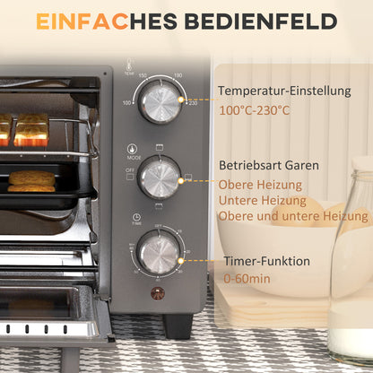HOMCOM Minibackofen, 21 L Toasterofen mit 1 Drahtgestell und 1 Backblech, 3 Kochmodi, 100 °C-230 °C, Edelstahl, Glas, Grau