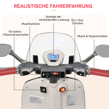 HOMCOM Kinder Elektro-Motorrad, 6V Kindermotorrad mit Scheinwerfer, Musik, Vor- und Rückwärtsgang, Trainingsräder, 30 kg belastbar, Elektromotorrad für 3-6 Jahre Kinder, Weiß