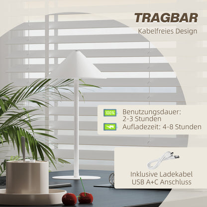 HOMCOM LED-Tischlampe mit USB-Kabel, Touchschalter, Metall, wiederaufladbar, Weiß