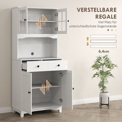 HOMCOM Küchenschrank mit Glastüren, 2 Schubladen, Geschirrschrank, Esszimmerschrank, Holz, 68 x 39,5 x 170 cm, Weiß