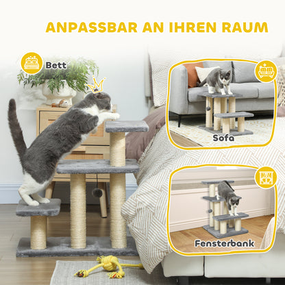 PawHut Hundetreppe 3 Stufen 54 cm Hoch Haustiertreppe für Kleine Hunde Katzentreppe mit Sisal Kratzbäumen, Spielball