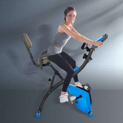 HOMCOM Heimtrainer X-Bike 2-in-1 Fahrradtrainer mit LCD-Display,Pulsmesser, klappbarer Hometrainer Trimmrad mit 8 stufig Magnetwiderstand, 1 Paar Spannseil, Stahl Blau 105x48x118 cm