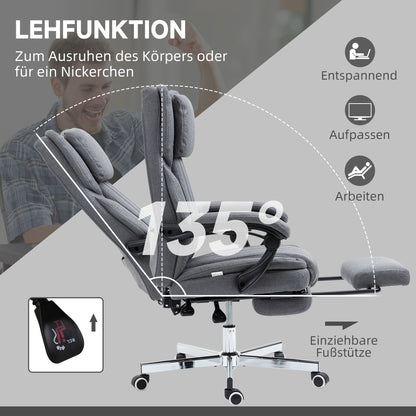 Vinsetto Bürostuhl med Massagefunktion, Neigbar Rücklehne, ausziehbare Fußstütze, Leinenoptik, grå, 65 x 61 x 113 cm